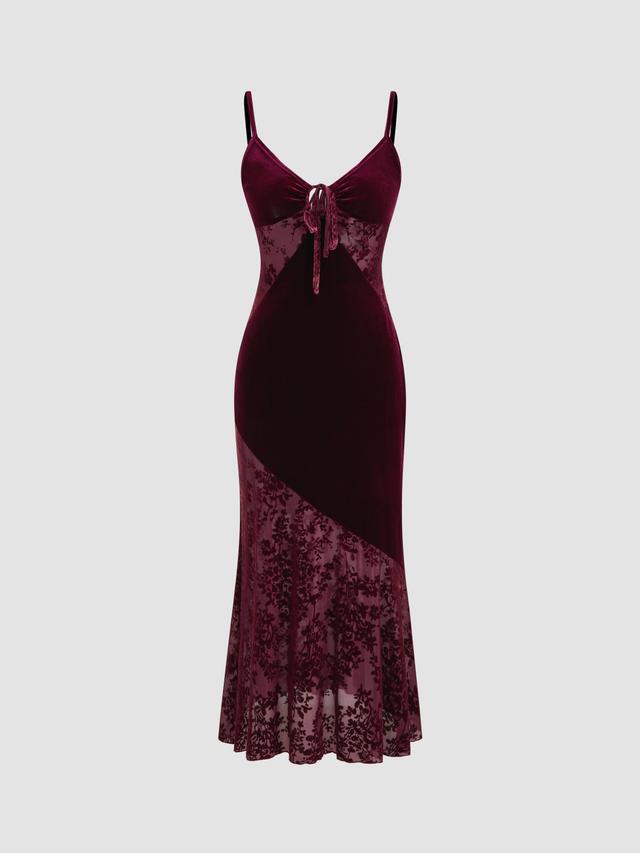 Velvet V-neck Floral Cut Out Knotted Midi Dress Product Image