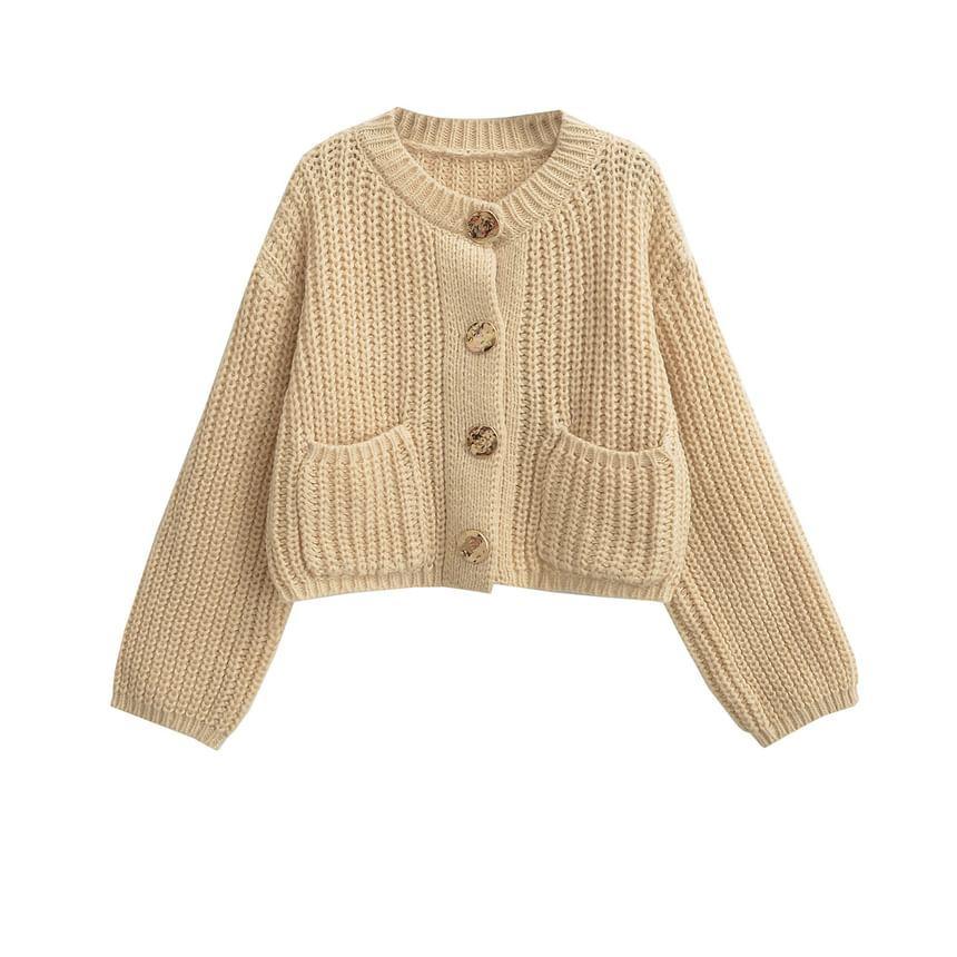 Round Neck Plain Pocket Detail Cardigan Product Image