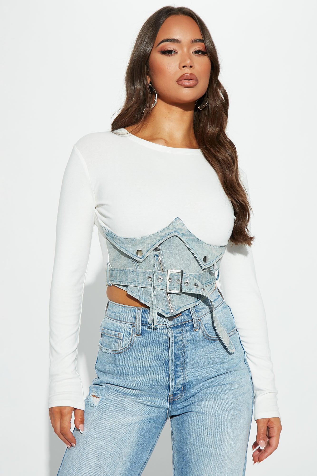 Baddest Behavior Denim Top - White Product Image