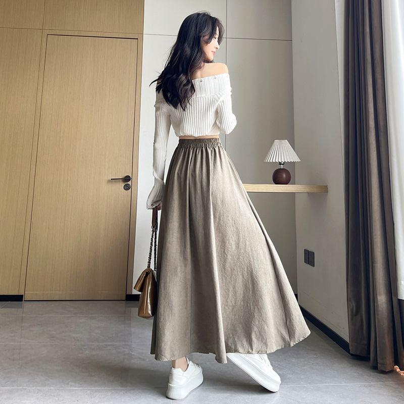 High Waist Plain Maxi A-Line Skirt Product Image