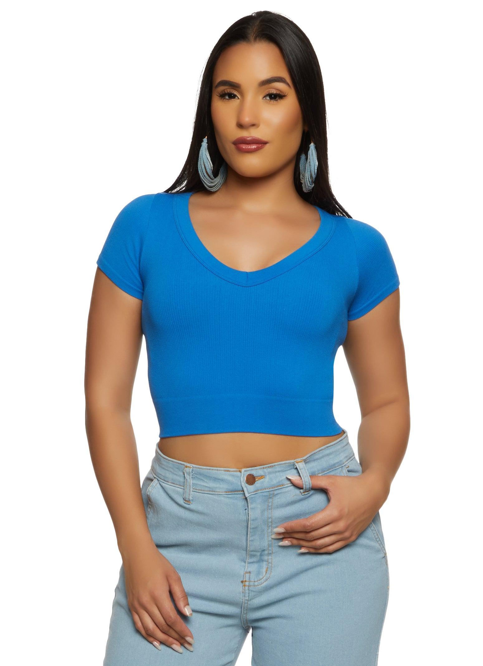 Womens Seamless Ribbed V Neck Cropped Tee Product Image