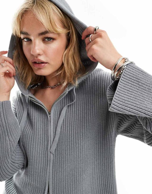 Monki rib knit hoodie zip up cardigan in heather gray Product Image