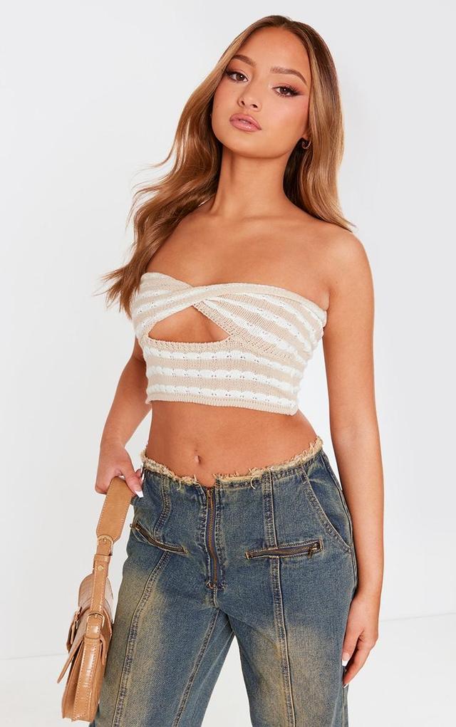 Petite Stone Knit Twist Front Stripe Crop Top Product Image