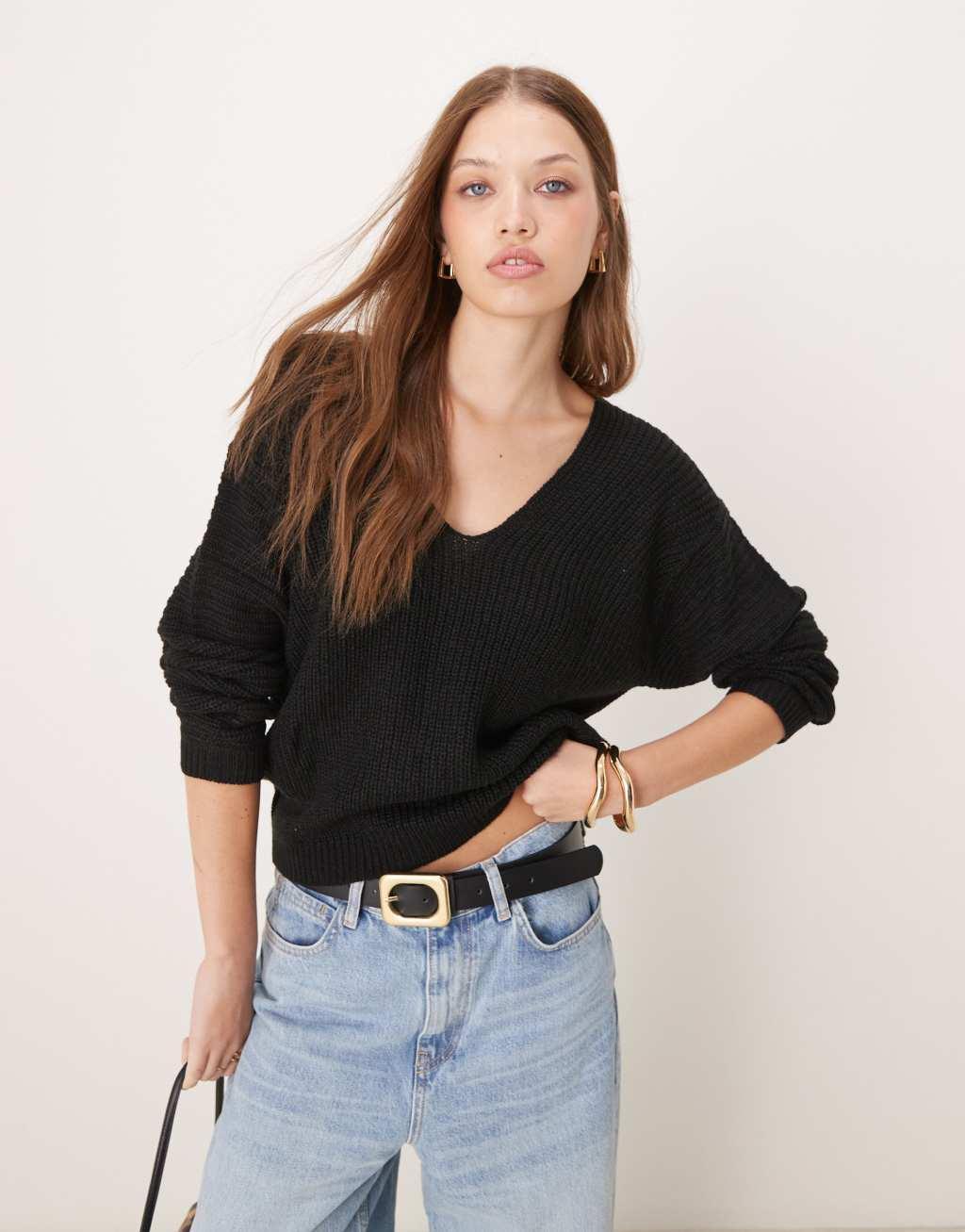 JDY reversible ribbed knit sweater in black Product Image