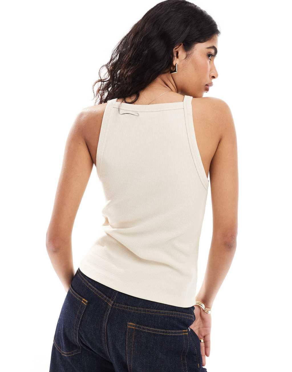 4th & Reckless embroidered logo racerneck tank top in beige Product Image