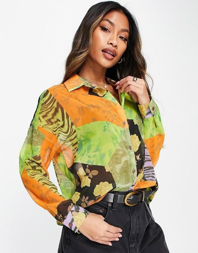 ASOS DESIGN long sleeve shirt in animal & floral tile print Product Image