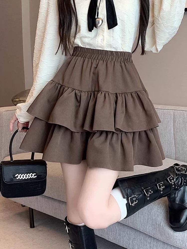 High Waist Plain Ruffle Mini A-Line Tiered Skirt Product Image