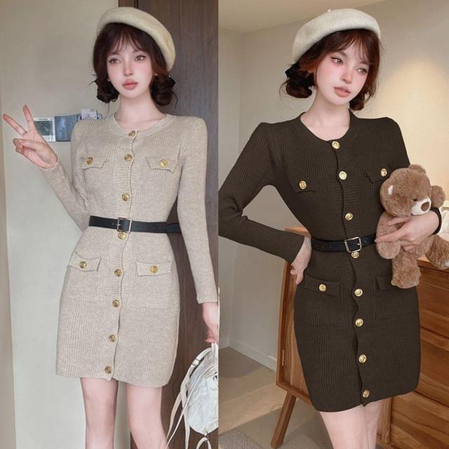 Long-Sleeve Crew Neck Plain Button-Up Mini Sheath Knit Dress Product Image