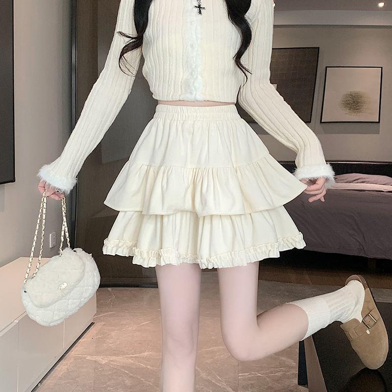 Elastic Waist Plain Tiered Lace Trim Mini A-Line Skirt Product Image