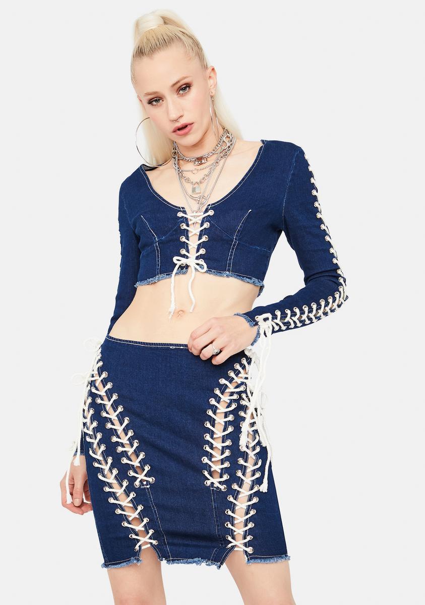 Contrast Lace Up Denim Long Sleeve Crop Top And Low Rise Mini Skirt Set Product Image