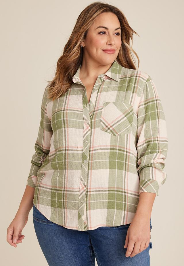 Maurices Plus Size Womens Pucker Plaid Button Up Shirt Beige Size 4X Product Image