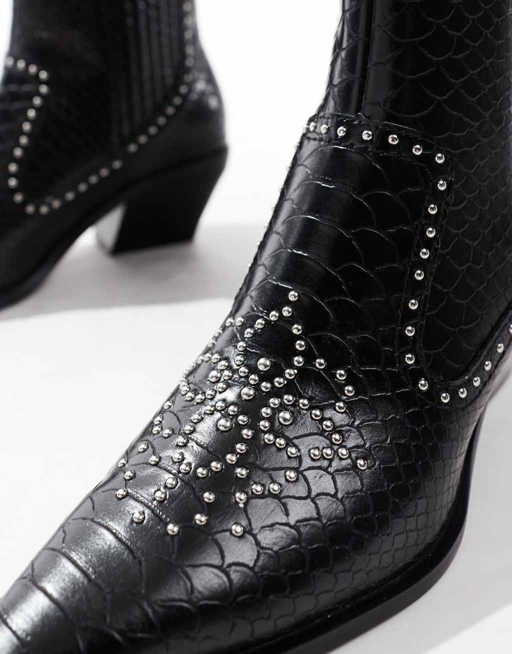 Stradivarius faux croc heeled ankle boots in black Product Image