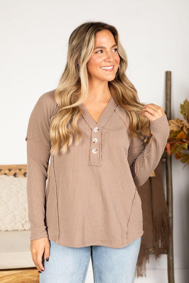 Raised Ribbed Button V-Neck Knit Top Product Image