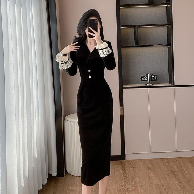 Long-Sleeve V-Neck Lace Trim Midi Sheath Dress Product Image