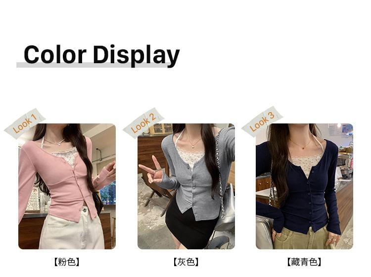 Long-Sleeve Plain Floral Panel Mock Two-Piece Lace Trim T-Shirt Product Image