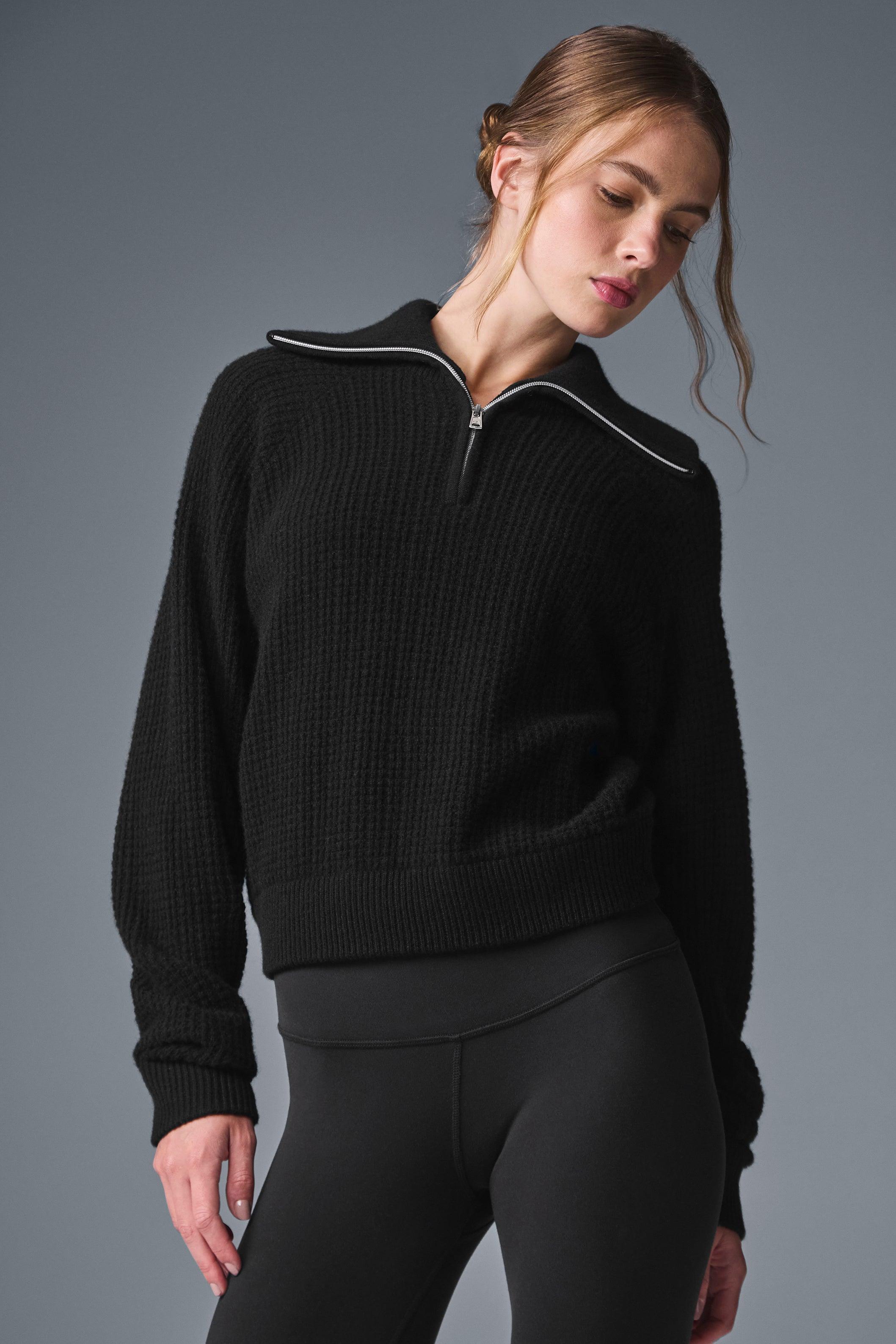 Cashmere Plush Waffle 1/4 Zip Pullover - Black Female Product Image