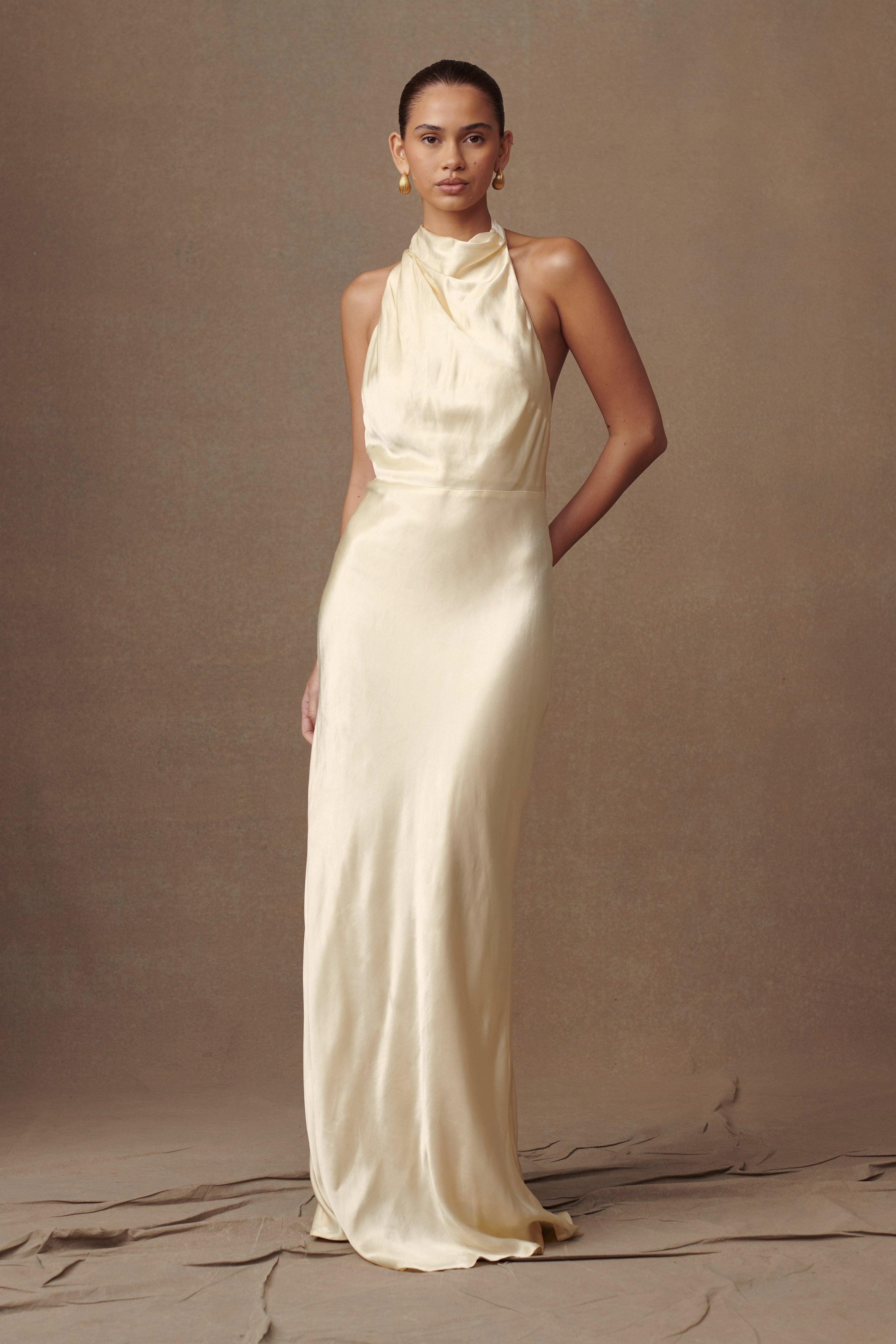 Esther Iridescent Satin Cowl Maxi Dress - Lemon Sorbet Product Image