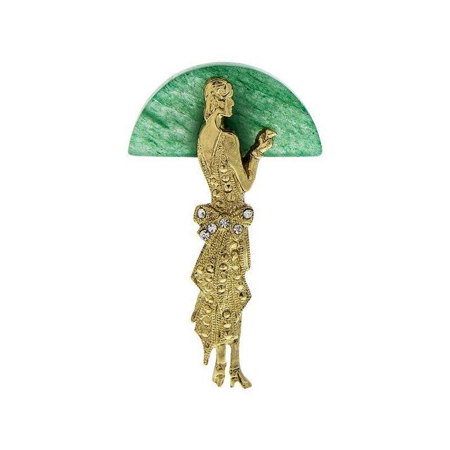 1928 Gold Tone Lady Half Moon Green Aventurine Pin, Womens Product Image