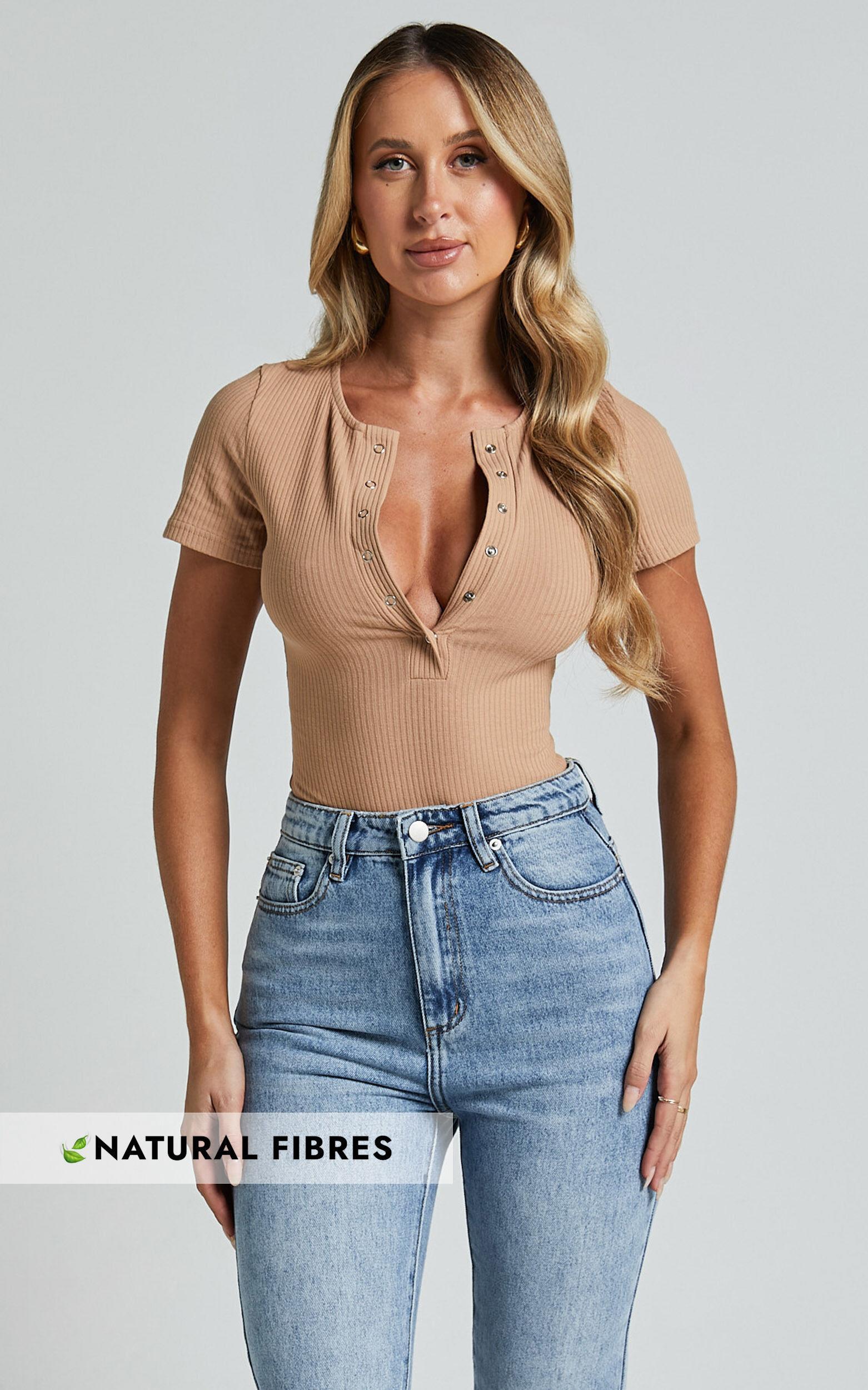 Orla Bodysuit - Short Sleeve V Neck Bodysuit in Mocha Product Image