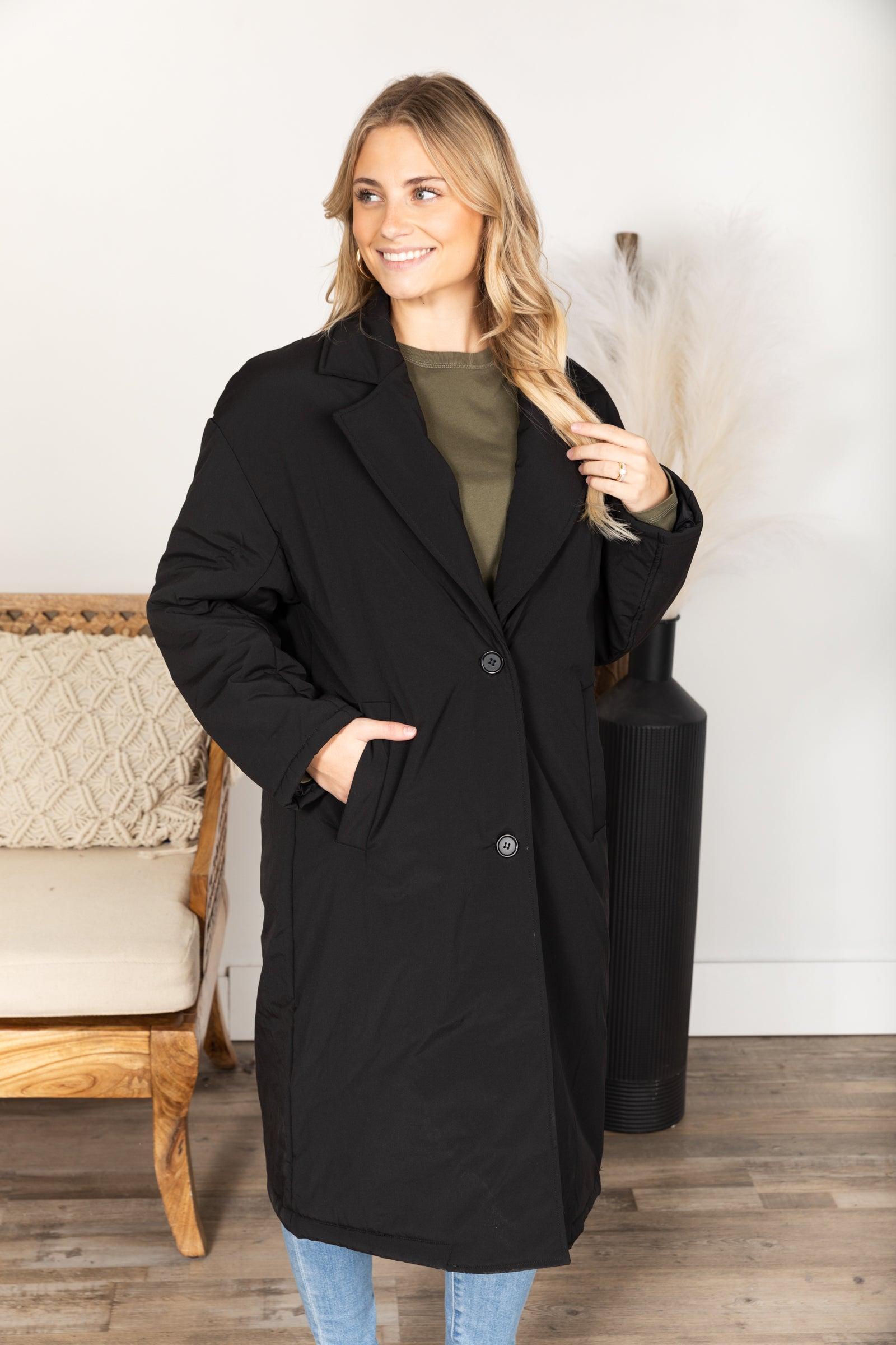 Black Longline Insulated Button Coat Product Image