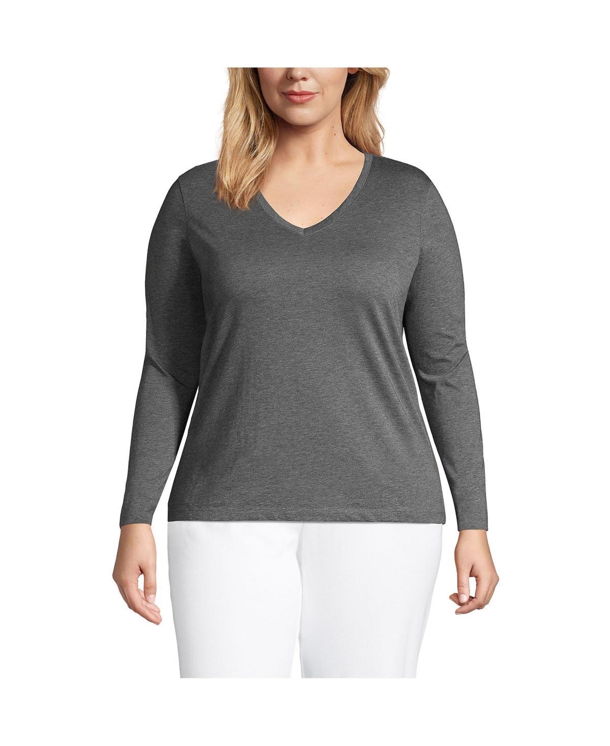 Lands End Plus Size Relaxed Supima Cotton Long Sleeve V-Neck T-Shirt Product Image