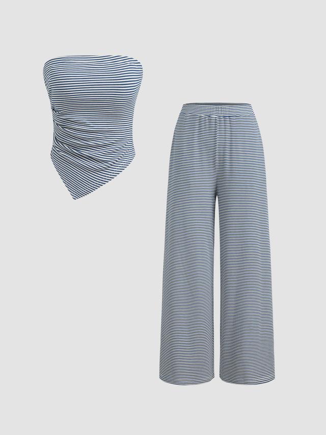 Strapless Striped Asymmetrical Hem Tube Top & Wide Leg Trousers Product Image