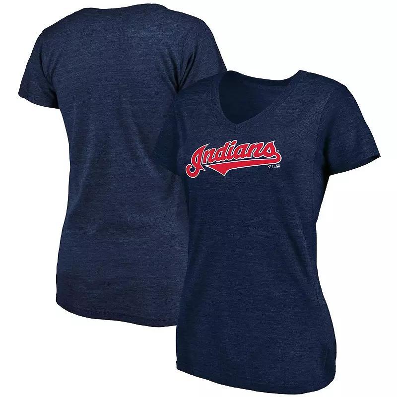 Womens Fanatics Branded Heathered Cleveland Indians Wordmark Tri-Blend V-Neck T-Shirt Blue Product Image