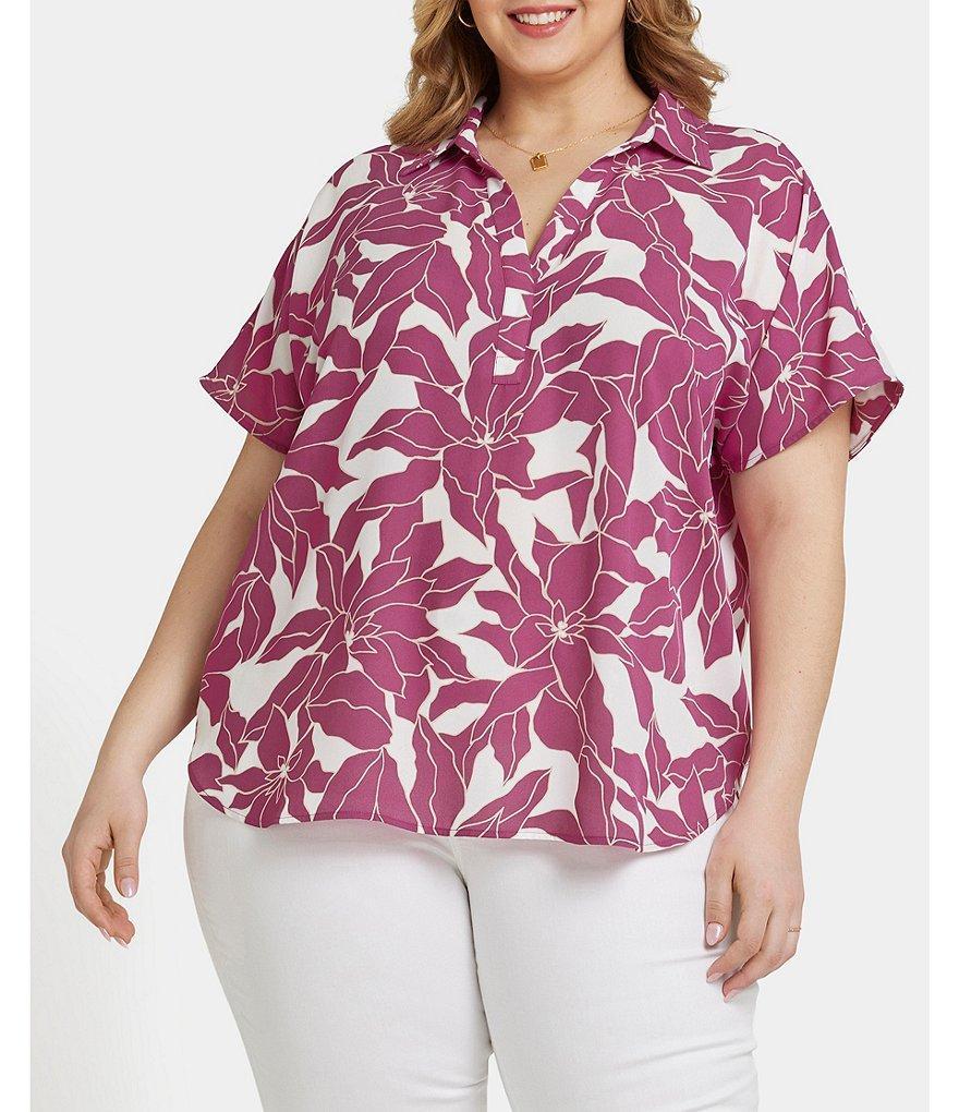 NYDJ Plus Size Becky Printed Point Collar Neck Short Sleeve Shirttail Hem Blouse Product Image