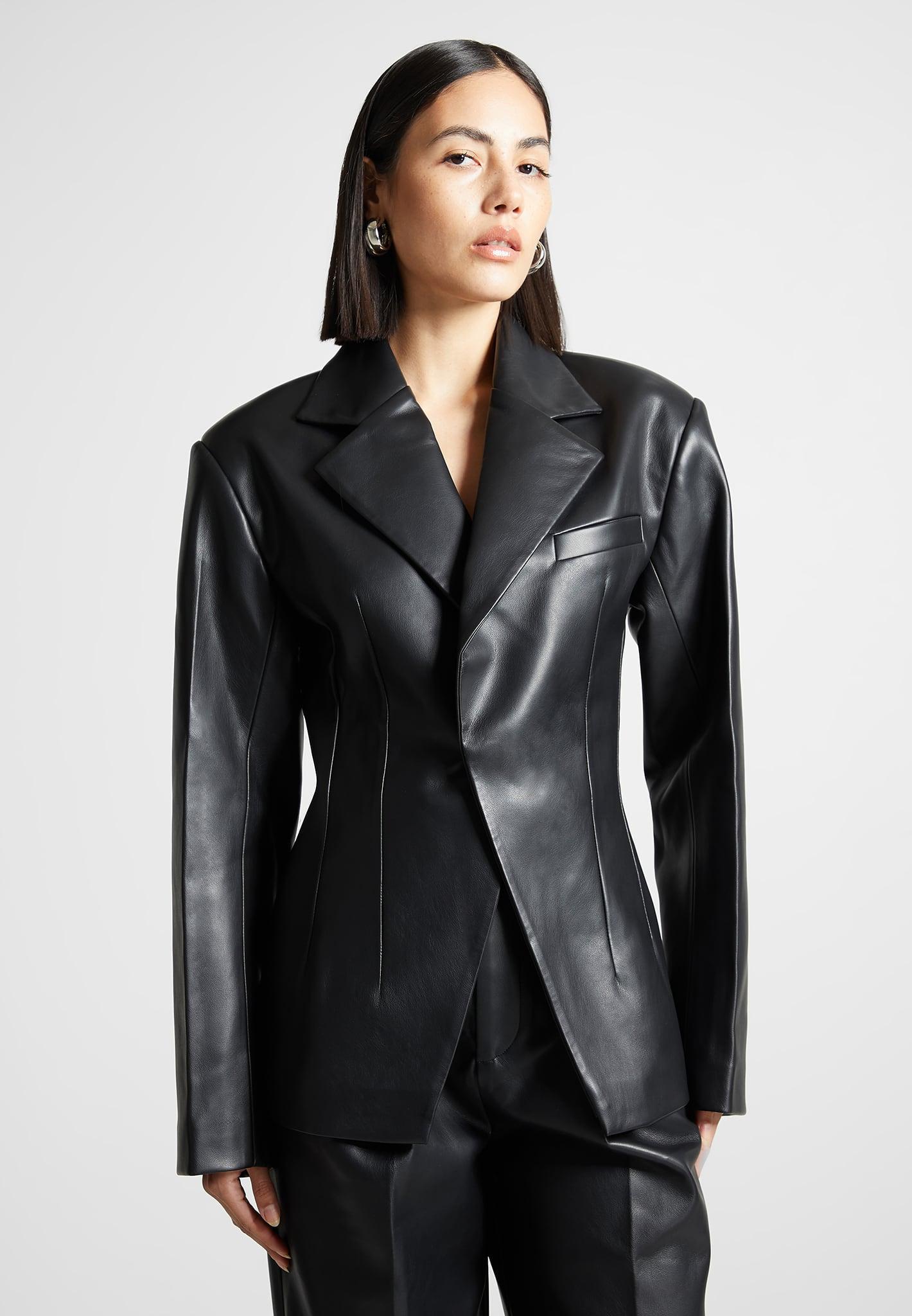 Vegan Leather Double Breasted Blazer - Black Female Product Image