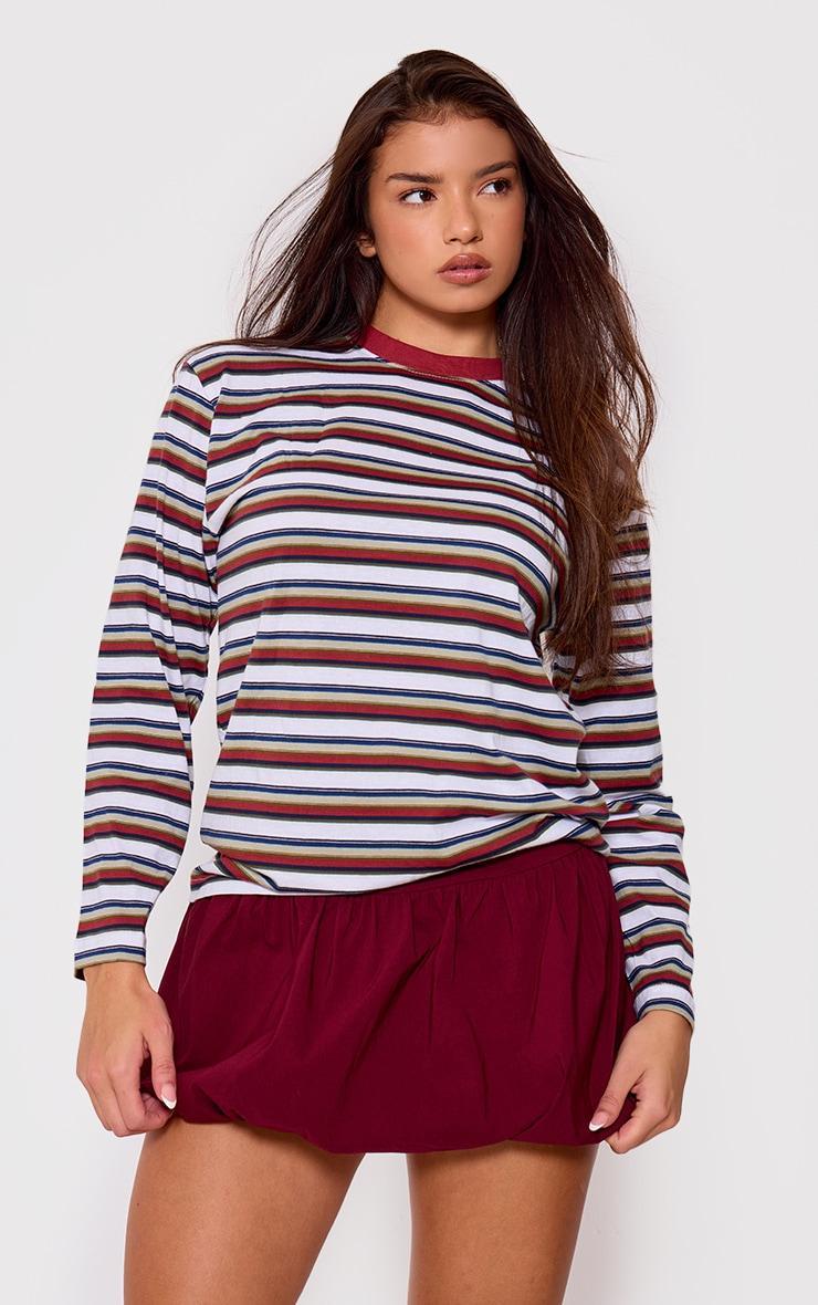  Burgundy Striped Contrast Collar Long Sleeve Top Product Image