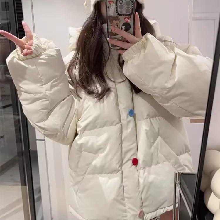 Hooded Stand Collar Button Up Puffer Jacket Product Image