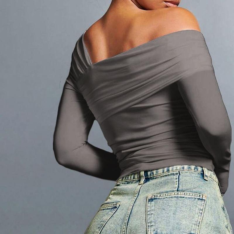 Long-Sleeve One-Shoulder Plain Cropped T-Shirt Product Image