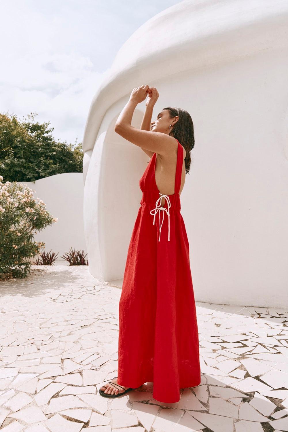 Paros Palms Linen Midi Dress Red Product Image