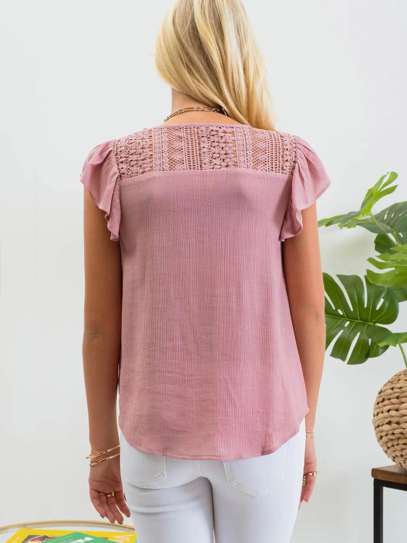 Dusty Rose Lace Ruffle Sleeve Woven Top Female Product Image