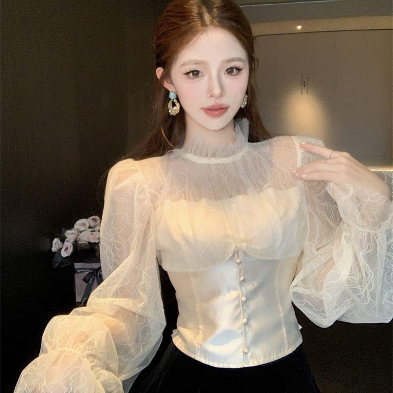 Long Sleeve Stand Collar Plain Button Lace Panel Satin Blouse Product Image