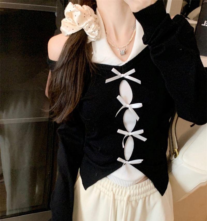 Long Sleeve Cold Shoulder Bow Mock Two Piece Knit Top Product Image