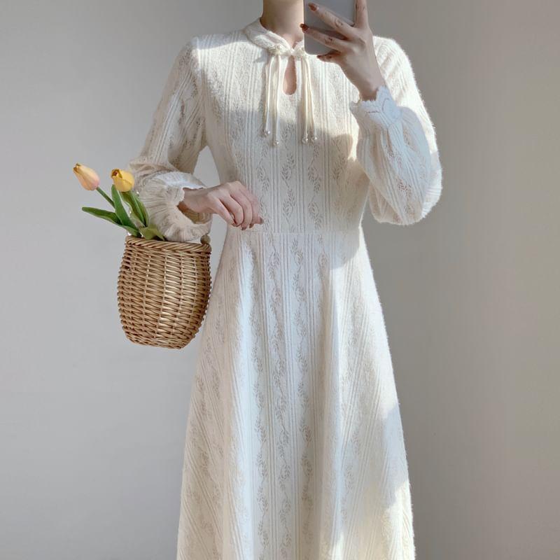 Long-Sleeve Lace Maxi A-Line Dress Product Image