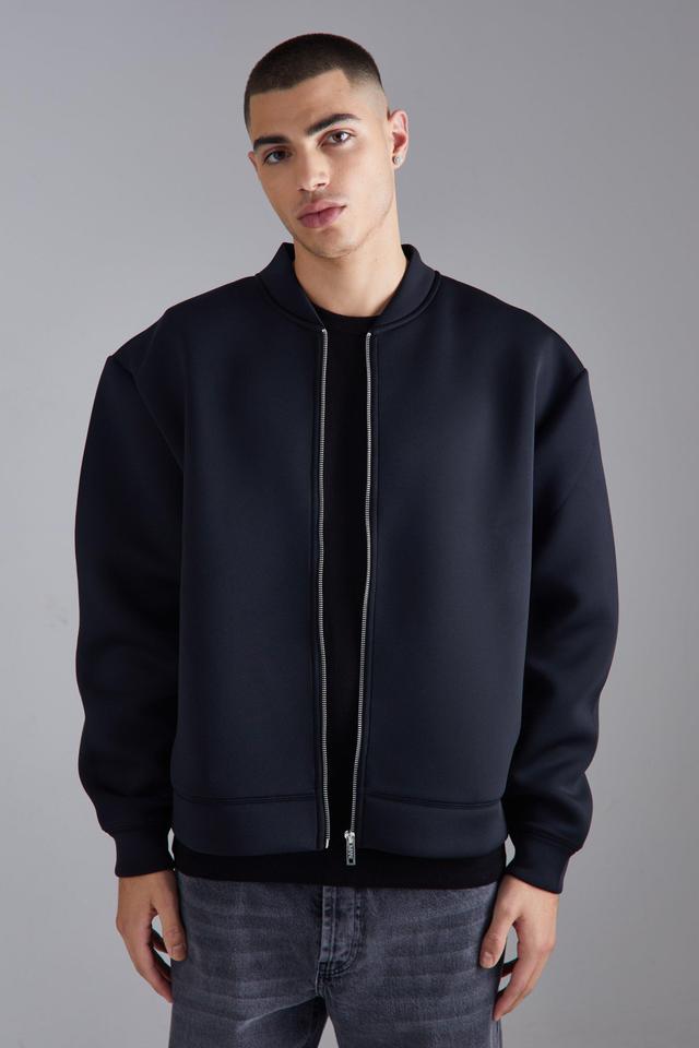 Mens Black Oversized Boxy Bonded Scuba Bomber Jacket, Black Product Image