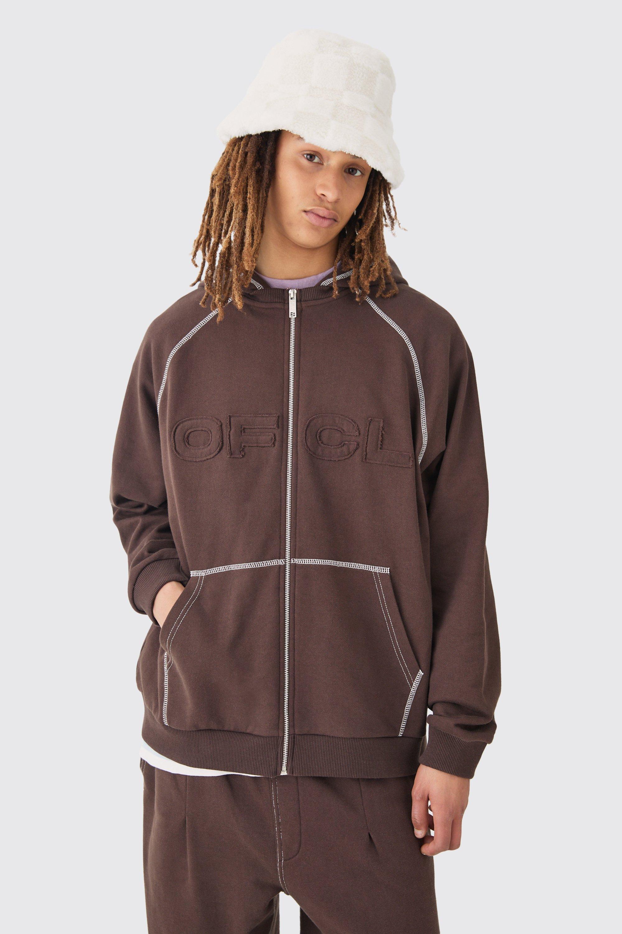 Oversized Heavyweight Contrast Stitch OFCL Applique Zip Thru Hoodie | boohooMAN USA Product Image