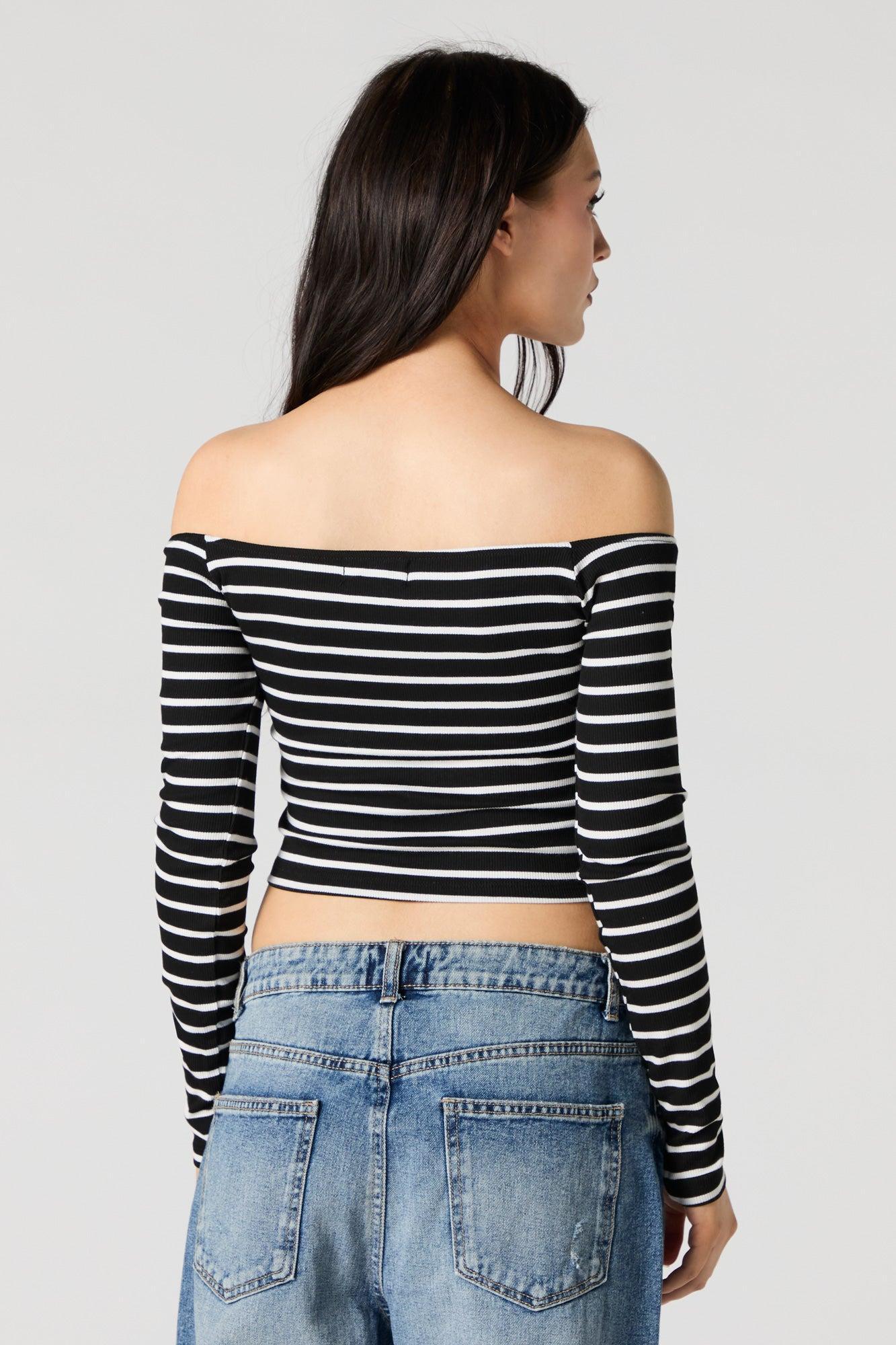 Striped Ribbed Off Shoulder Long Sleeve Top Female Product Image