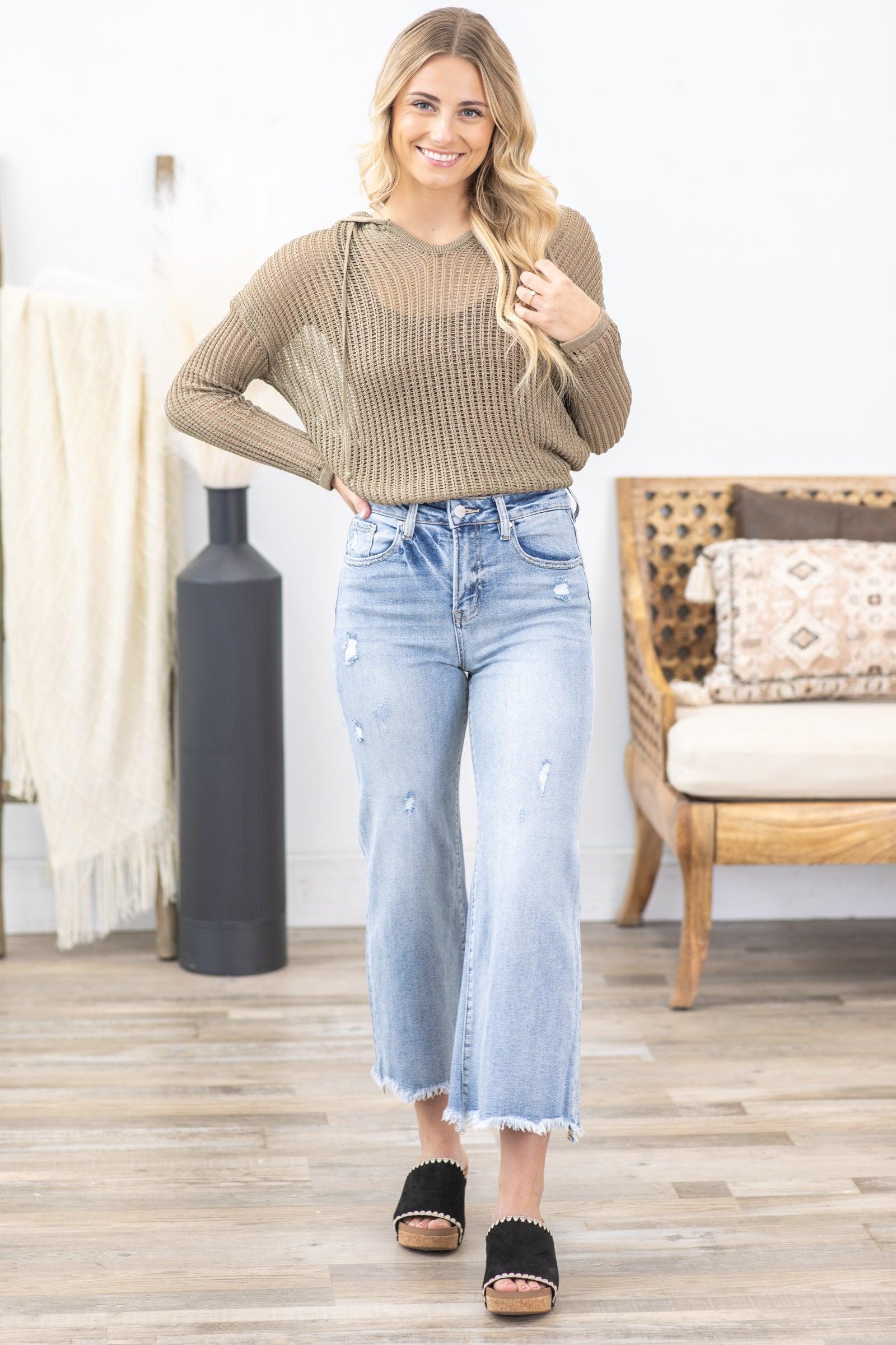 Risen Light Wash Crop Wide Fray Hem Jeans Product Image