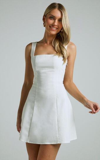 Adiana Mini Dress - Linen Look Square Neck Shirred Back A Line Dress in Off White product image