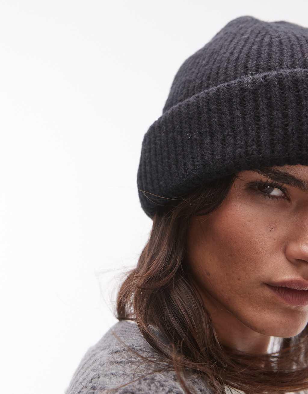 Topshop Henry ribbed beanie in black Product Image