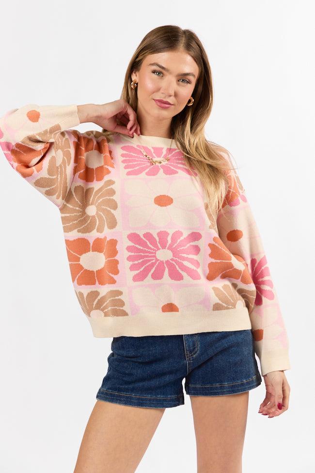 Gracious Gardens Coral Multi Block Floral Sweater Product Image