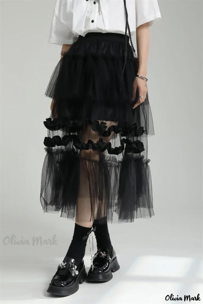 Olivia Mark – Sophisticated Mesh Patchwork Asymmetrical Layered Skirt Pants Skirt: A Fashionable Cake Dress Product Image