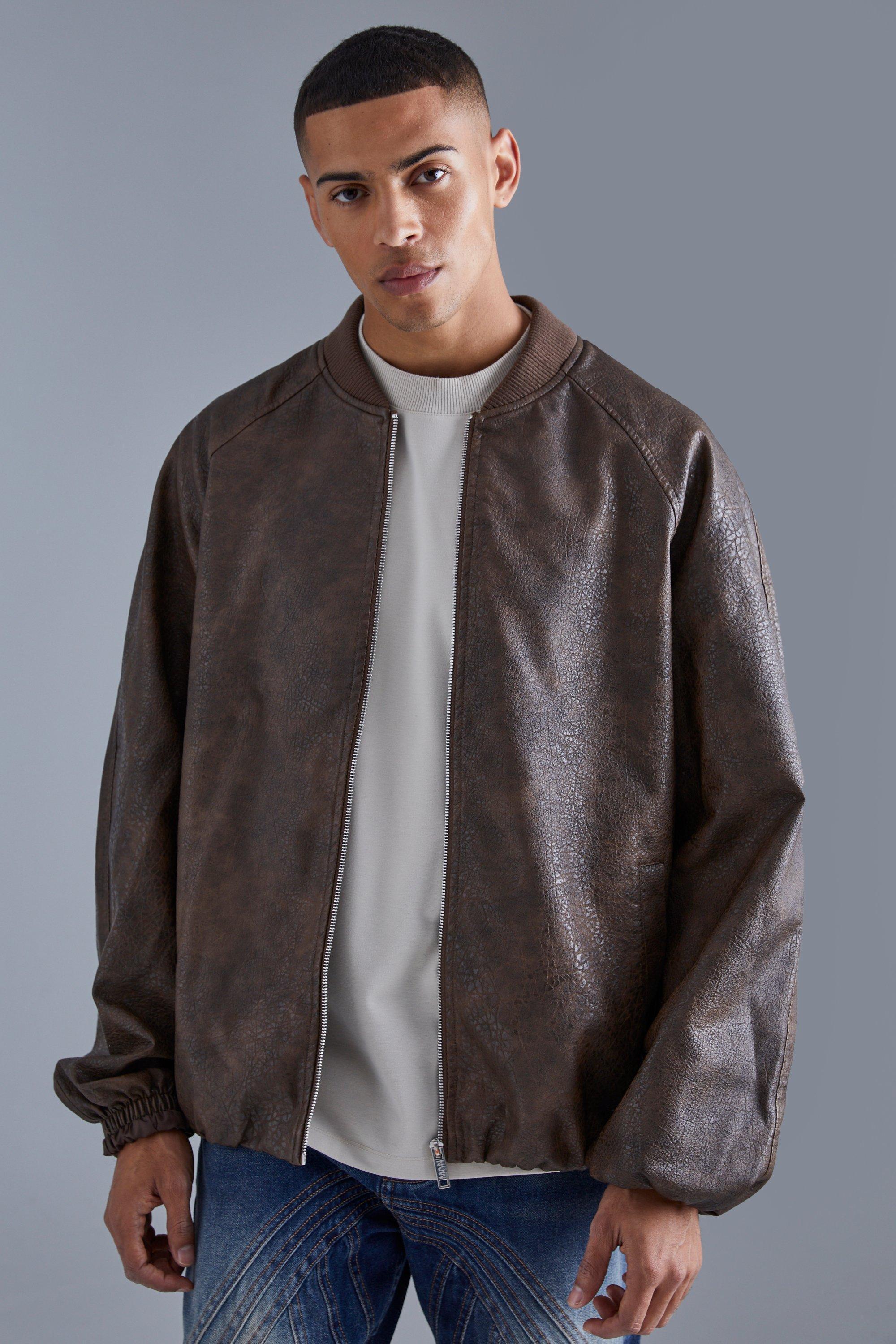 Oversized Vintage Cracked Pu Raglan Bomber | boohooMAN USA Product Image