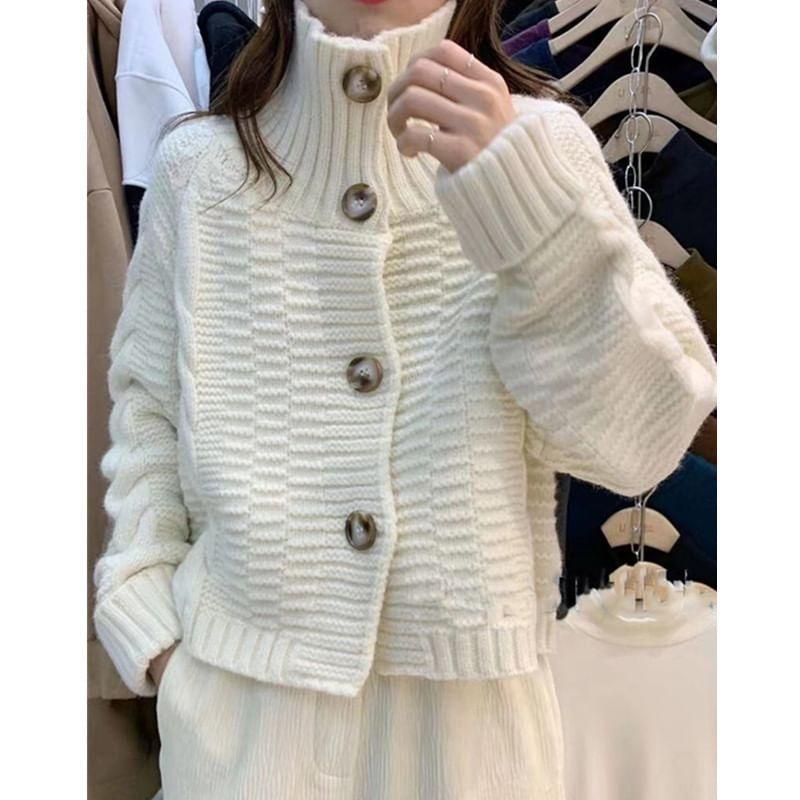 Plain Cropped Cable-Knit Cardigan Product Image