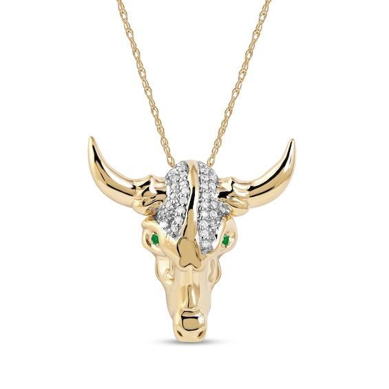 Men's Emerald and 1/10 CT. T.w. Diamond Bull Skull Pendant in 10K Gold â 22" Product Image