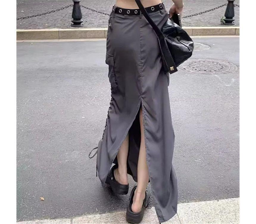 High-Waist Side-Drawstring Cargo Midi Skirt Product Image