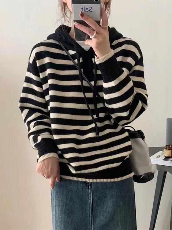 Hooded Long Sleeves Contrast Color Drawstring Velvet V-Neck Pullovers Sweater Tops Product Image